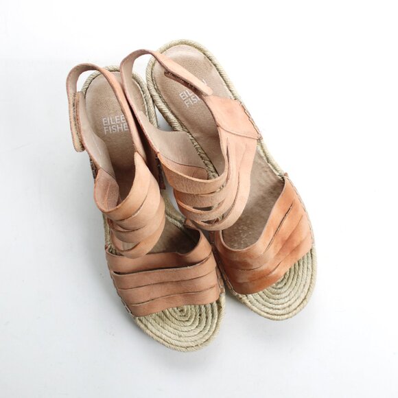 Eileen Fisher Largo Tan Leather Jute Espadrille Wedge Sandal Heels Shoe Size 7 - Picture 6 of 10